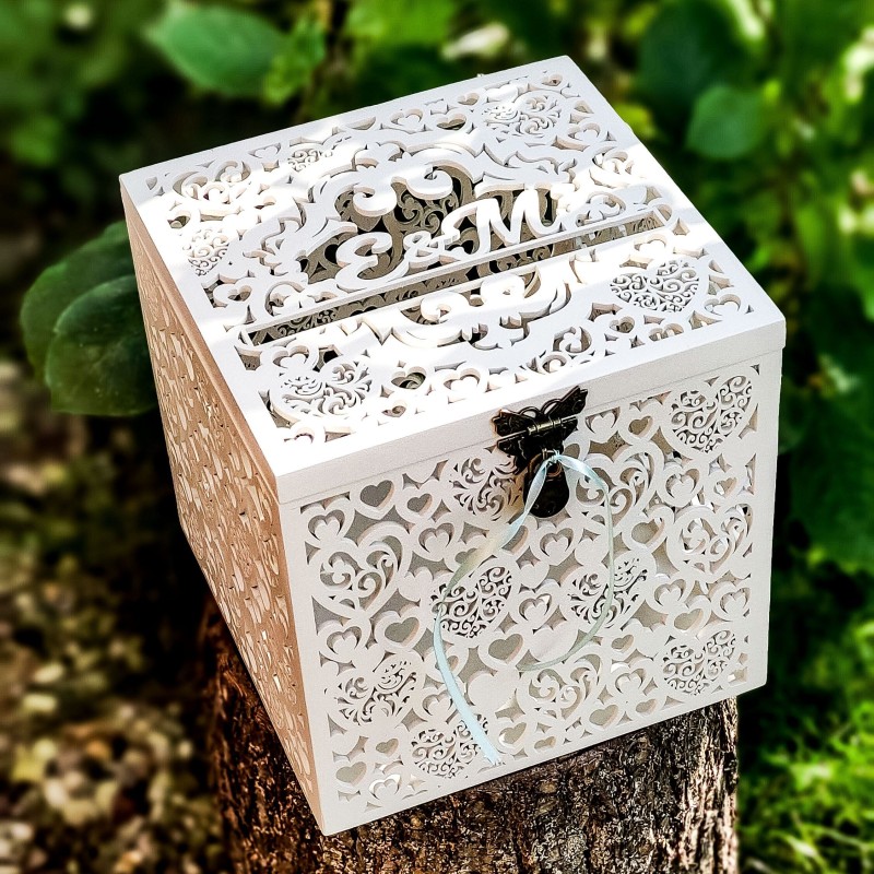 Białe Ażurowe Pudełko na Koperty Ślubne z Personalizowanymi Inicjałami - 4